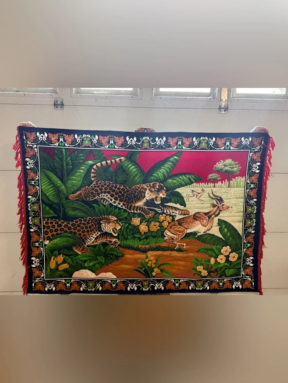 Vintage Jungle Scene Tapestry Wall Art in Green, Red and Brown